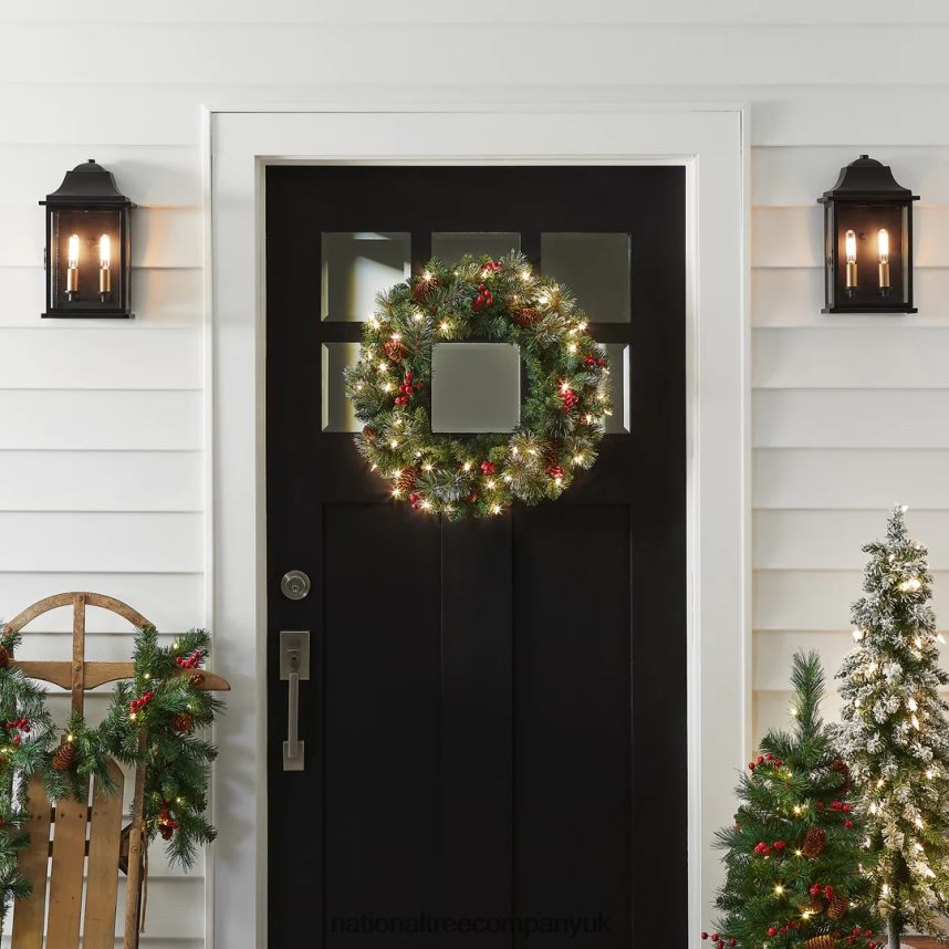 Greenery | National Tree Company Pre-Lit Artificial Christmas Wreath Green Crestwood Spruce White Lights Plug-In Decorated with Pine Cones Berry Clusters Christmas Collection 24 Inches F2L4F22